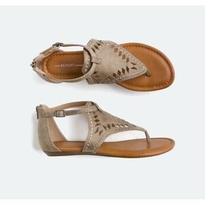 Report Sandal Lindsay Laser Cut Faux Suede Adjustable W/ Zipper Back, Taupe Sz 8